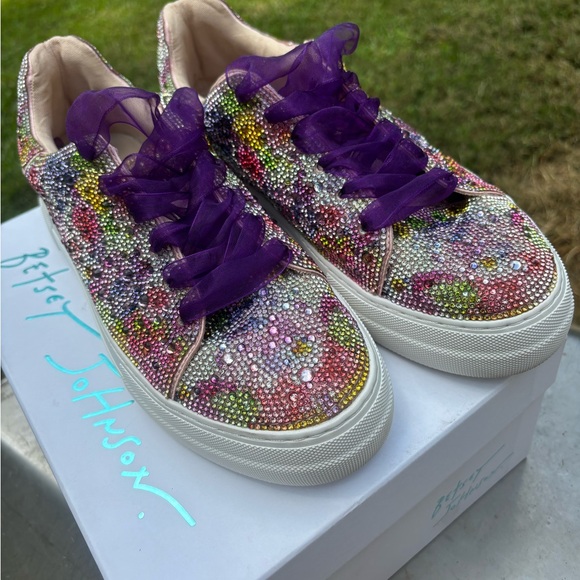 Betsey Johnson Colorful Rhinestone Sneakers with Purple Laces - Picture 1 of 9
